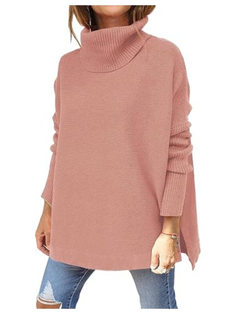 Women's Oversized Turtleneck Sweater Batwing Sleeve Tunic Knit Pullover